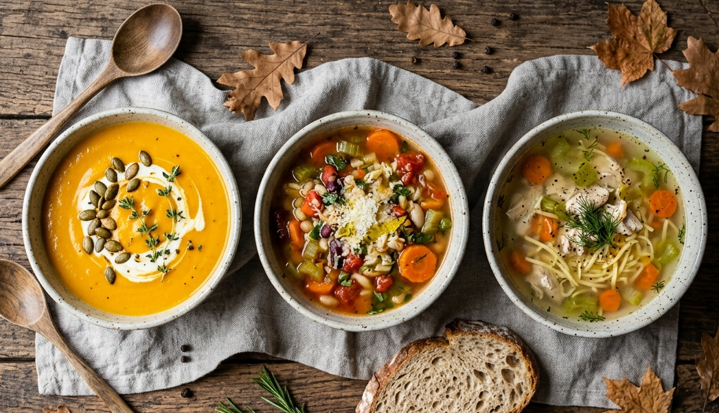 Tres cuencos de sopa oto&ntilde;al sobre madera con cuchara y servilleta de lino