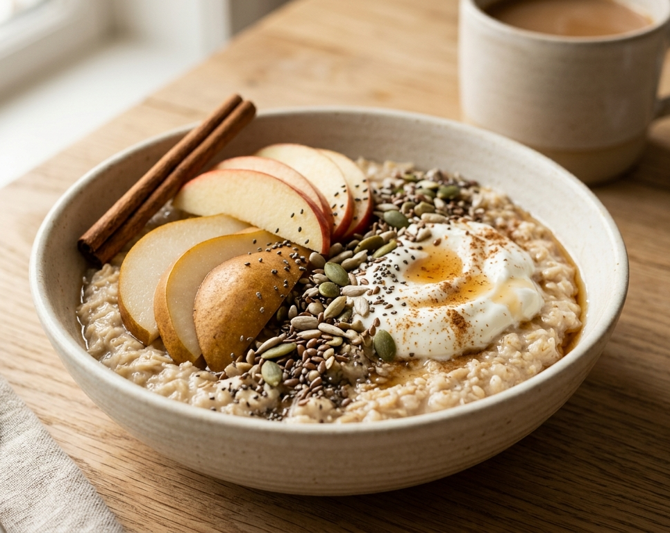 Bol con yogur, fruta troceada, semillas y avena cocida sobre mesa de madera