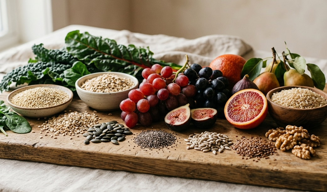 Tabla de madera con frutas, semillas y verduras de temporada bajo luz natural